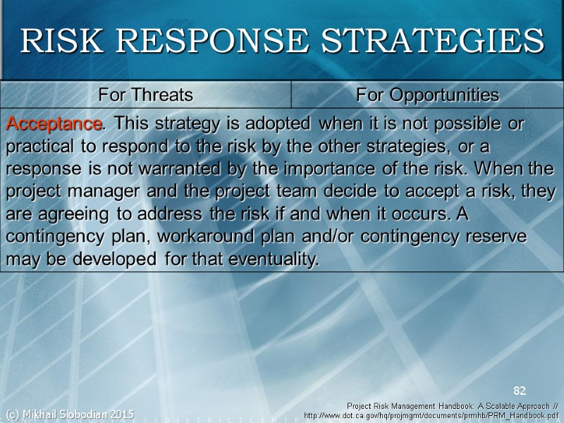82 RISK RESPONSE STRATEGIES Project Risk Management Handbook: A Scalable Approach // http://www.dot.ca.gov/hq/projmgmt/documents/prmhb/PRM_Handbook.pdf (c)